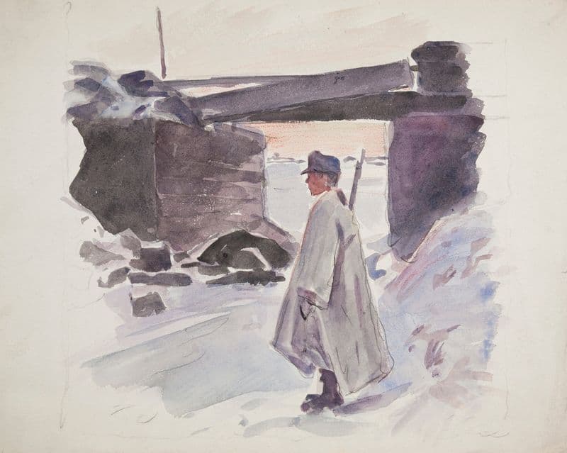 żołnierz Legionu Ukraińskich Strzelców Siczowych (1914-1920) stojący na warcie przy moście (1914-1918) as a canvas print