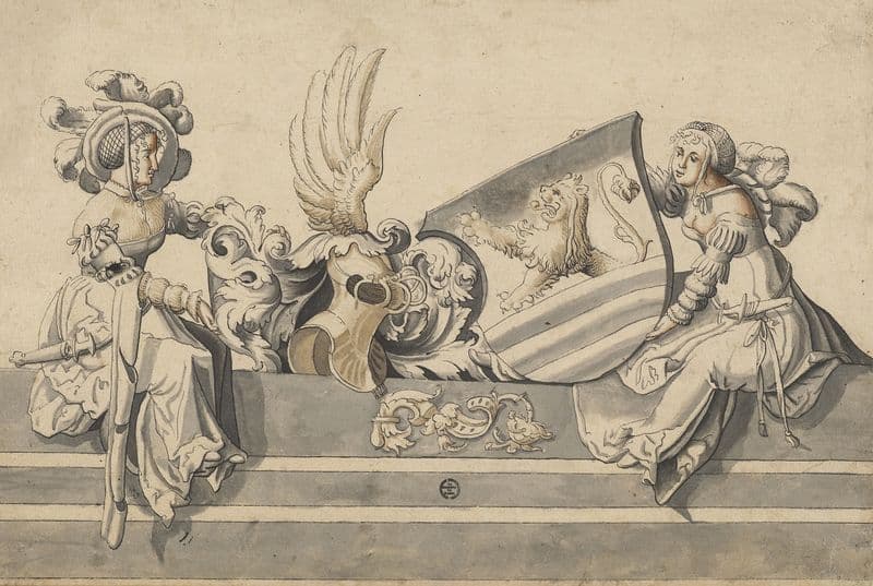 Zwei sitzende Damen mit Wappen as a canvas print
