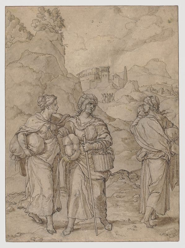 Zwei wandernde Frauen mit Gepäck begegnen einer dritten auf dem Wege as a canvas print