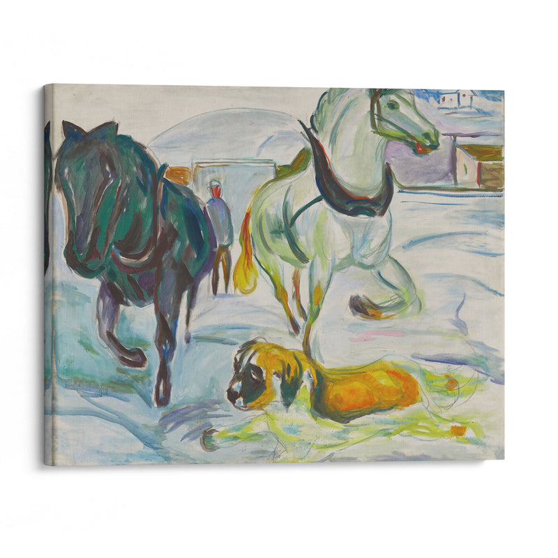 Horse Team and a St. Bernhard in the Snow (1923) - Edvard Munch - Canvas Print