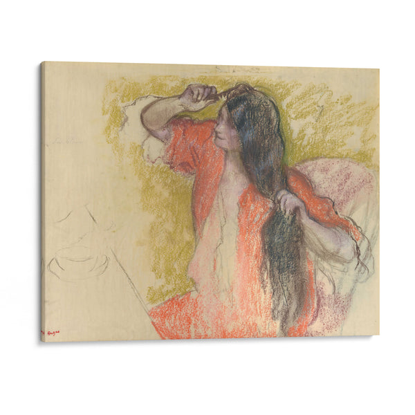 Femme En Peignoir Rouge Se Coiffant - Edgar Degas - Canvas Print