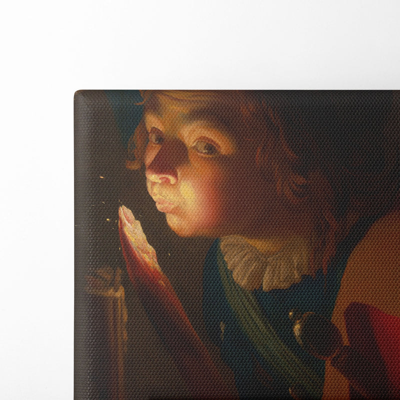 A Boy Blowing on a Firebrand (1621-22) - Gerard van Honthorst - Canvas Print